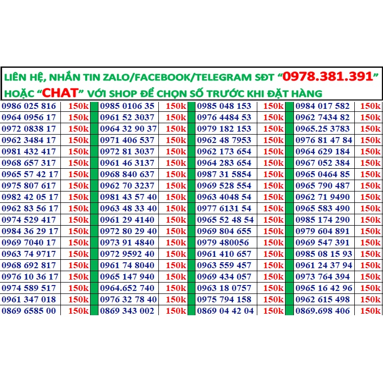 Sim số đẹp viettel đầu 09, 08, 03 đồng giá 150k