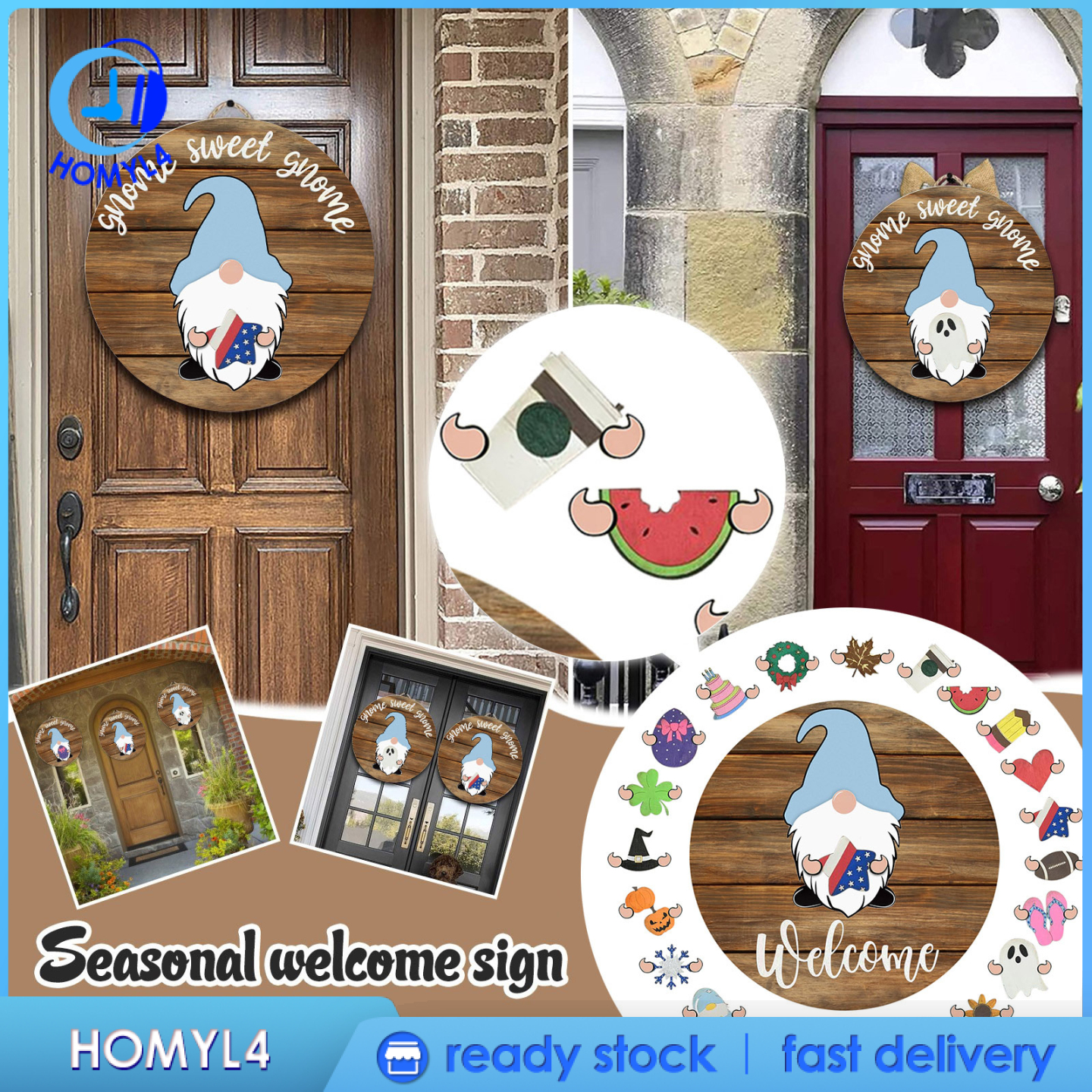 [CAMILA]Round Seasonal Welcome Door Sign Plaque Garland Easter Halloween Decoration