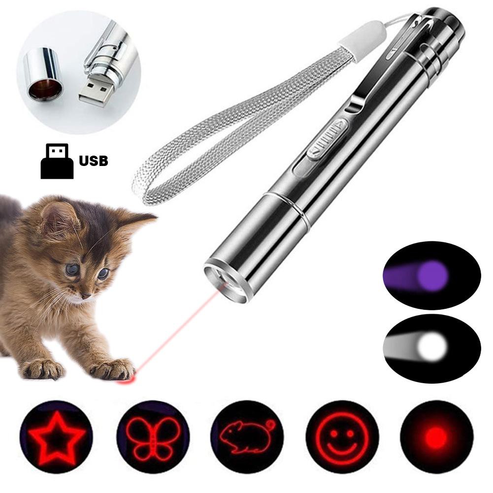 【han】Pet Cat Interactive Toy USB Rechargeable Cat Pointer Toy with 3 Modes and 5 Changeable Patterns Handheld Cat Light Toy Portable Light Dot Toy
