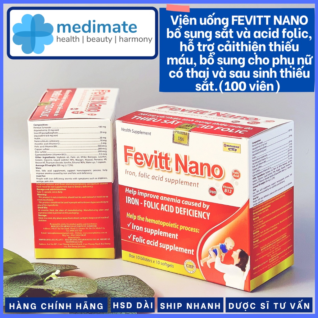 Viên uống FEVITT NANO bổ sung sắt và acid folic (Hộp 100 viên)