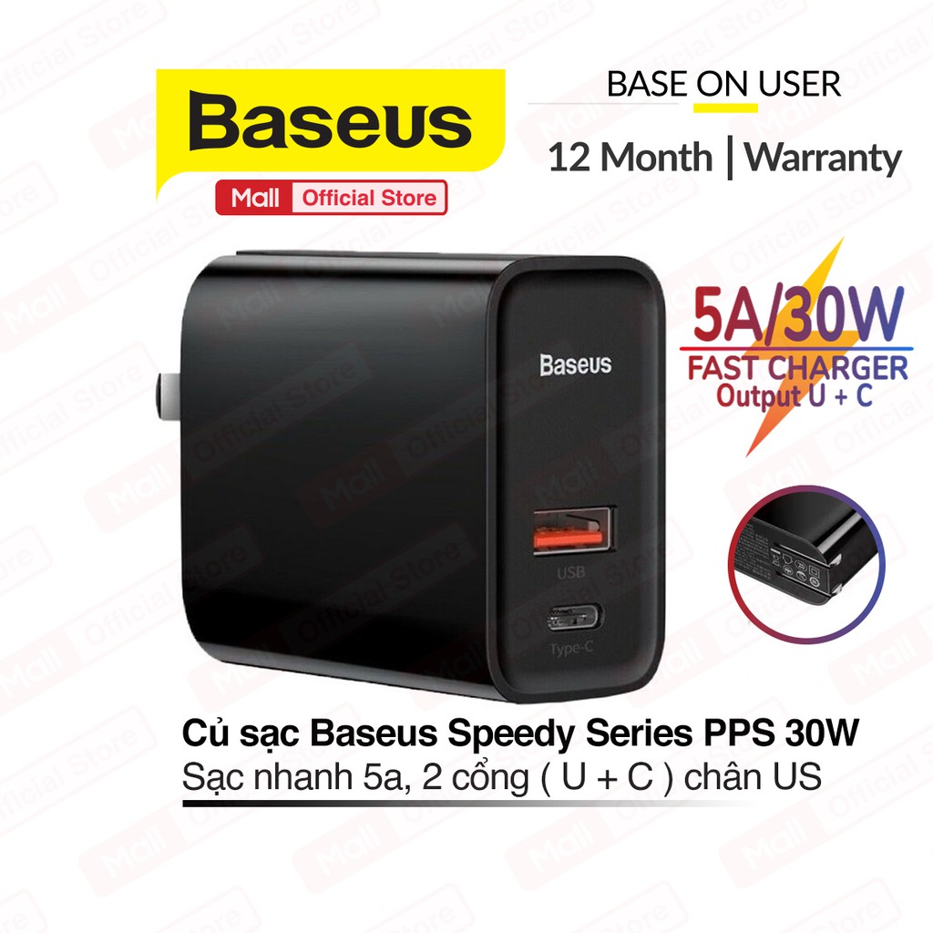 Củ sạc nhanh 30W Baseus Speed PPS 2 cổng ( U + C ) sạc nhanh 5A, phù hợp với nhiều dòng thiết bị, chân cắm gấp gọn