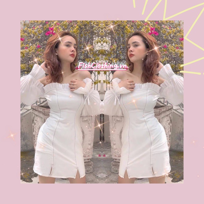 SẴN HÀNG🖤Váy trắng tiểu thư ôm body trễ vai xẻ đùi tay dài loe thắt nơ/ Đầm kiểu ulzzang dự tiệc tay tơ sexy Hàn Quốc | BigBuy360 - bigbuy360.vn