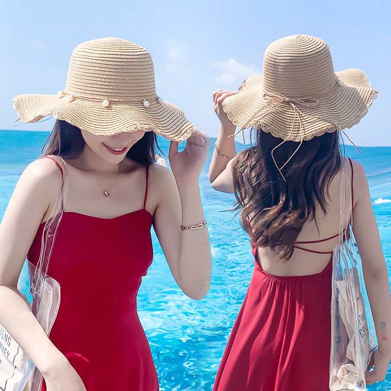 Mũ Cói Phối Chuỗi Hạt Ngọc Xinh Xắn Mũ Cói Đi Biển P2138