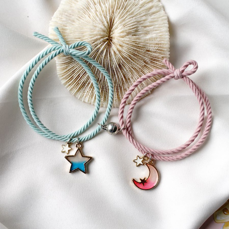 Vòng tay cặp đôi thời trang hình mặt trăng sao dây thừng từ tính hút thủ công thiết kế phong cách hoạt hình món quà sinh nhật dễ thương cho nam và nữ
