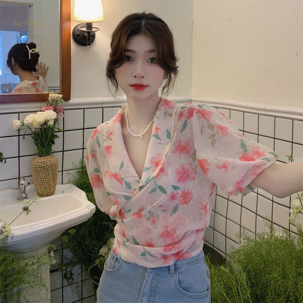 Áo Hoa Tay Ngắn Thắt Nút Chéo Phong Cách Hàn Quốc Trẻ Trung
