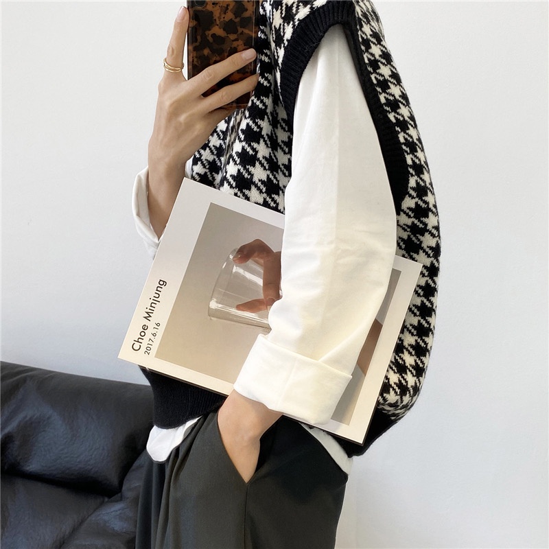 Áo Sweater Dệt Kim Cổ Chữ V Màu Sắc Tương Phản Phong Cách Retro Hợp Mùa Thu Đông