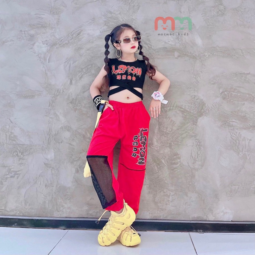 ▼◎Set thể thao bé gái tập nhảy áo croptop dây chéo quần jogger cá tính thun cotton cao cấp cho 10kg đến 40kg