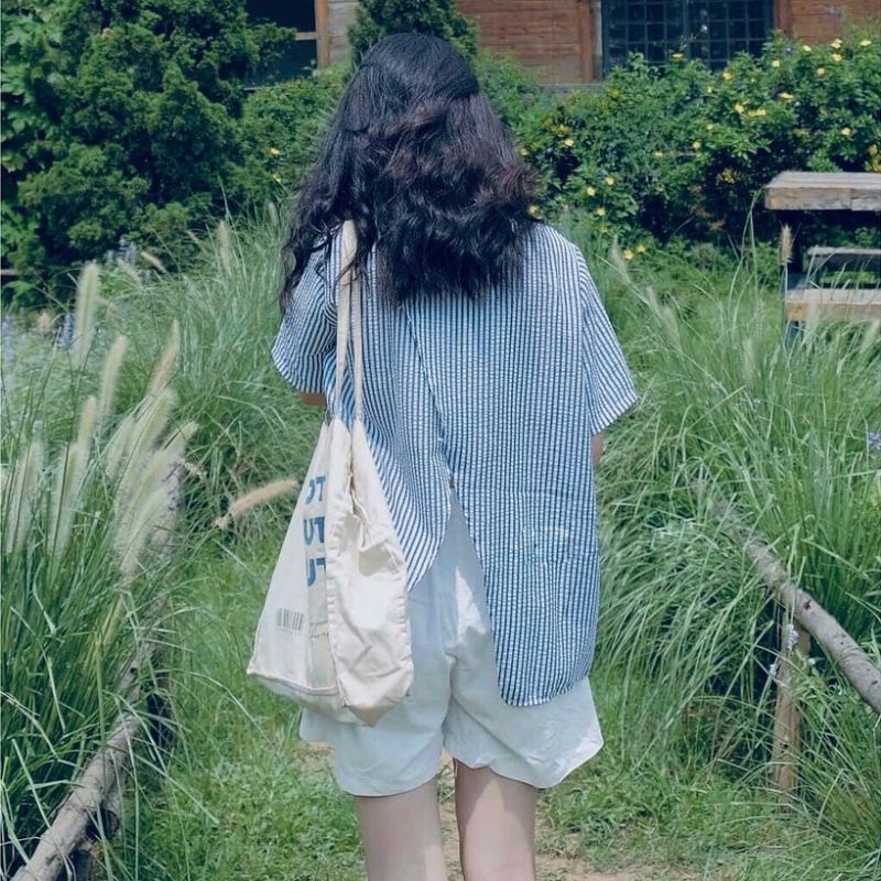 Set Kẻ Xanh kèm Quần Short Trắng 🌸Set bộ đồ Nữ áo sơ mi freesize vạt chéo sau mix quần