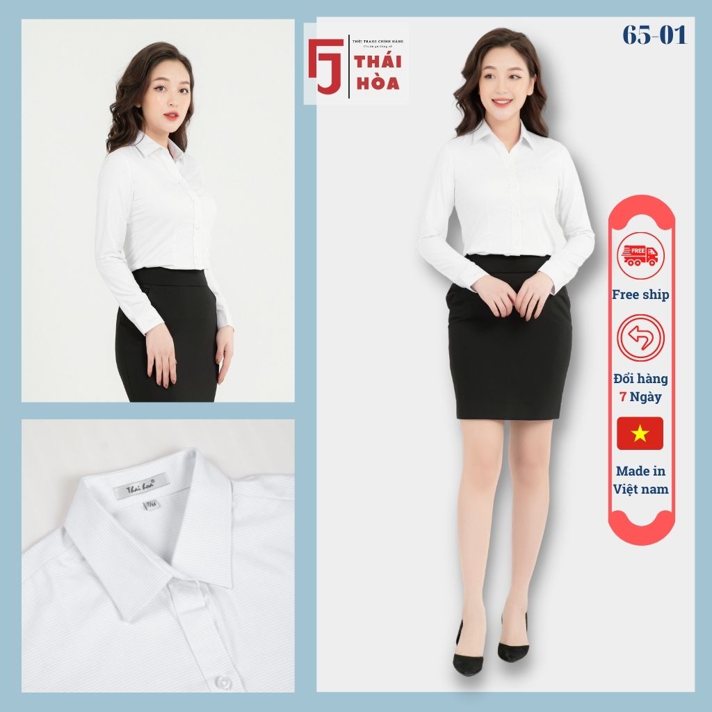 Áo sơ mi công sở nữ dài tay màu trắng đẹp kẻ caro vải cotton Thái Hòa 65-01