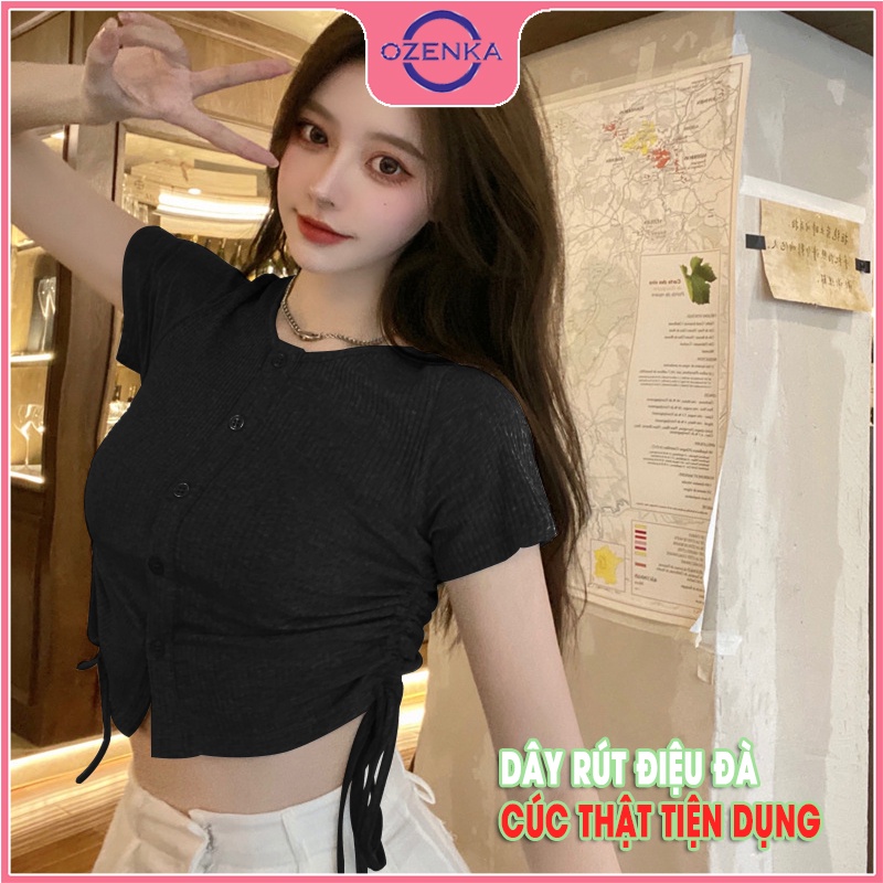 Áo croptop rút dây tay ngắn cài khuy nữ OZENKA , crt thun rộng nữ kiểu hàn quốc màu đen trắng rẻ đẹp mẫu mới dưới 50 cân