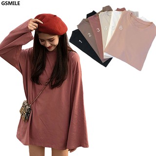 Áo thun tay dài form rộng màu trơn trẻ trung và thời trang Hàn Quốc cho nữ