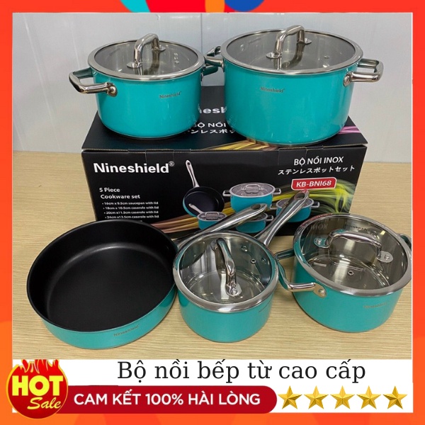 Bộ nồi chảo cao cấp 5 món Nineshield KB BNI68, Bộ nồi bếp từ Inox cao cấp chính hãng bắt nhiệt nhanh