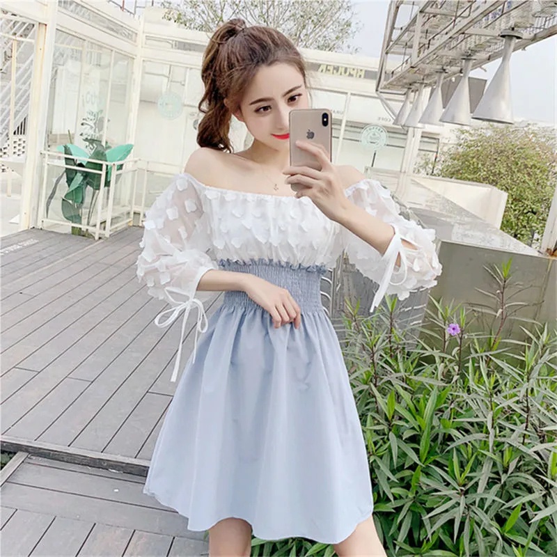 Đầm Giả Hai Mảnh Dáng Chữ A Tay Ngắn Thắt Eo Phong Cách Hàn Quốc Thời Trang Mùa Hè C8323