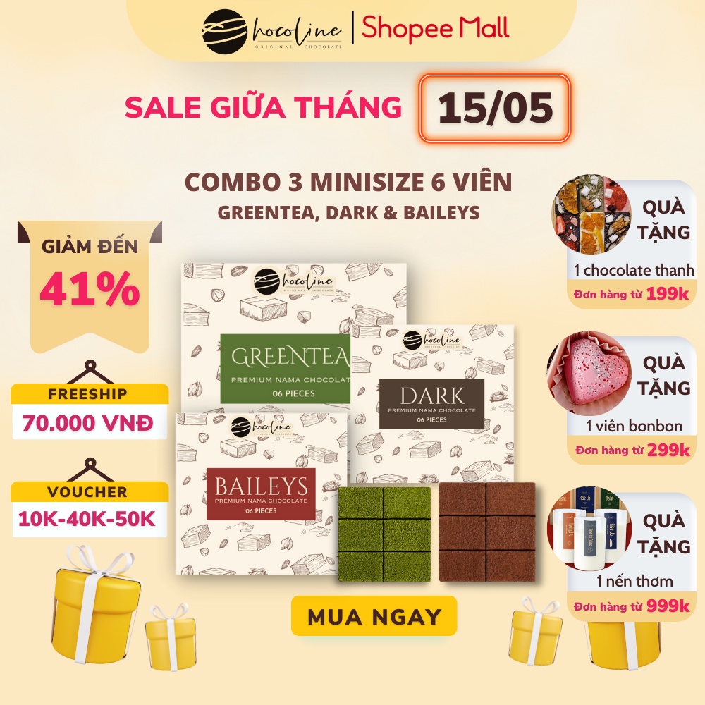 Socola Tươi Chocoline Combo 3 Hộp Mini 3 Vị Matcha Trà Xanh, Vị Đắng, Vị Baileys - Hàng Chính Hãng