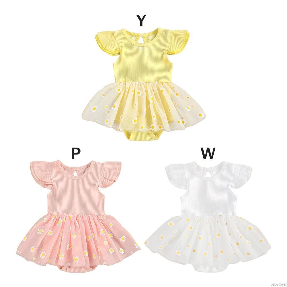 [babytoys] Summer Baby Girl Flying Sleeve Rompers Infant Lace Mesh Daisy Printed Princess Dress Toddler Triangle Bodysuit 0-18M