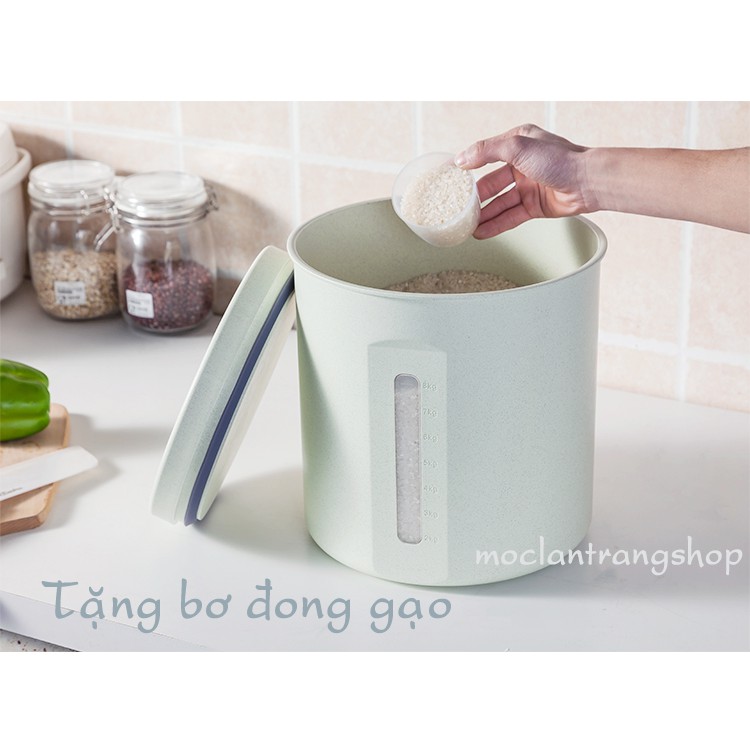 Thùng gạo nhựa tròn 5kg 10kg phong cách Bắc Âu cao cấp, hộp ngũ cốc đồ khô kín khít. Thùng đựng gạo nhìn được lượng gạo