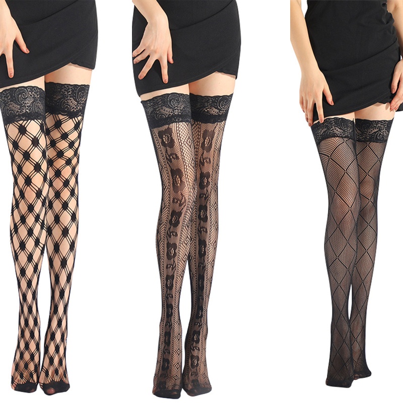 Tất Lưới Cao Ngang Đùi Bằng Silicone Họa Tiết Hoa Thời Trang Gợi Cảm Cho Nữ