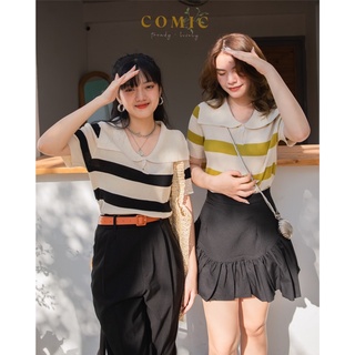 Áo len nữ polo sọc ngang Comic