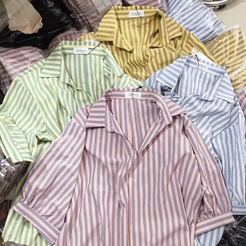 LOVI SHOP- Áo sơ mi kẻ sọc cổ V 4 màu tay phồng nhẹ