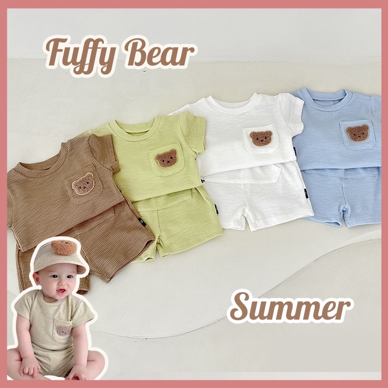 Set Áo Thun Tay Ngắn In Hình Gấu + 1 Quần Short Thời Trang Mùa Hè Cho Bé