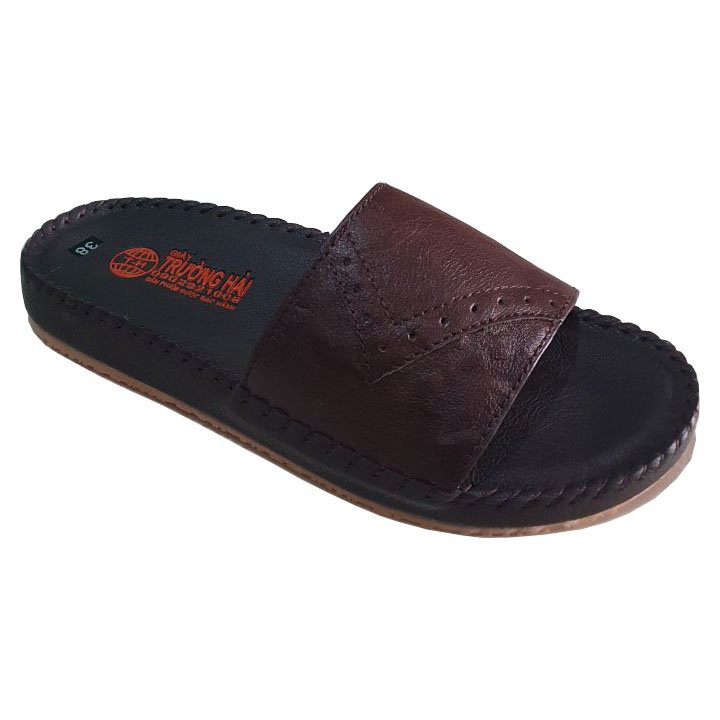 Dép nam quai ngang da bò màu nâu đế cao 3cm Trường Hải may viền chắc chắn DDN134