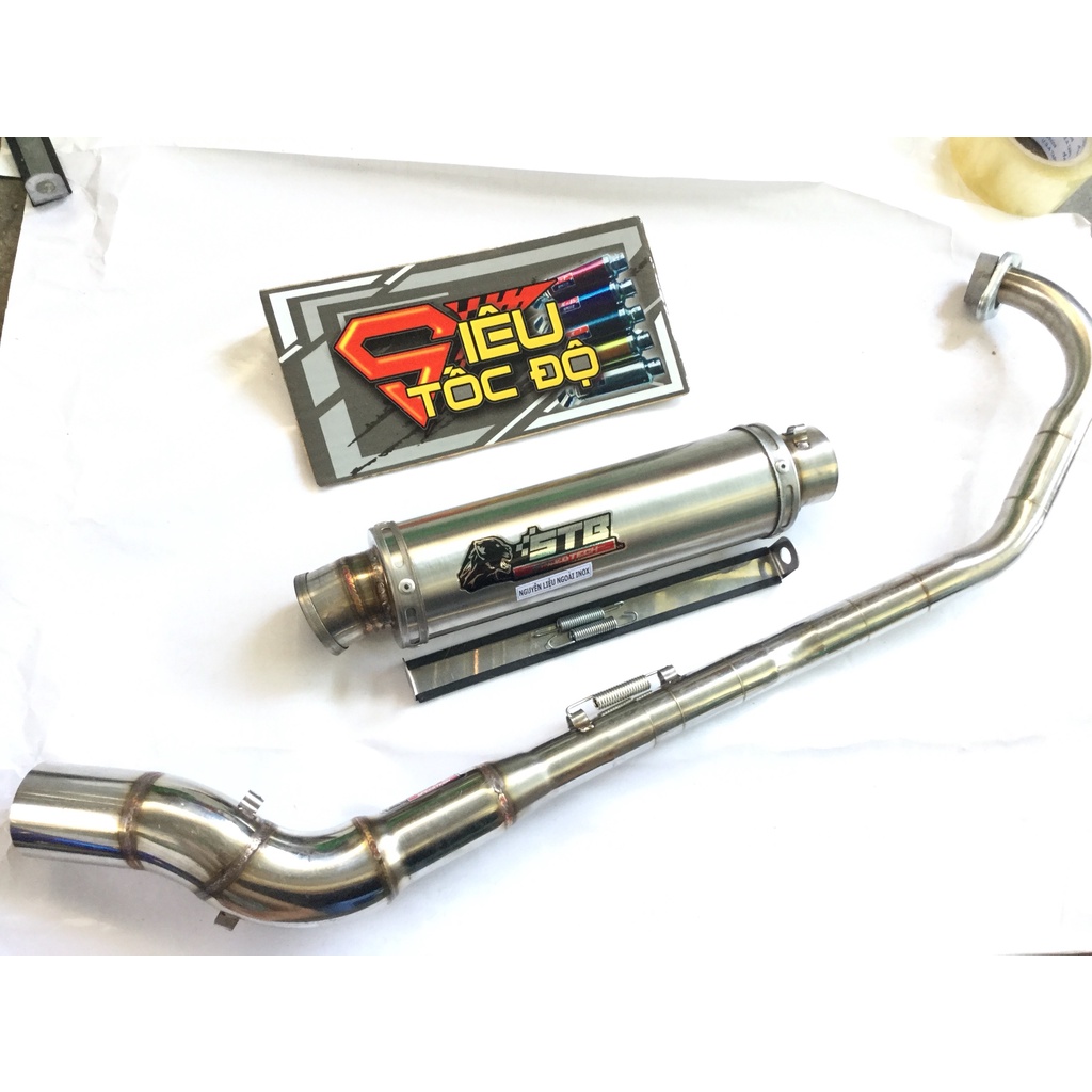 Bộ pô STB TRẮNG full cổ cong 2 khúc gắn cho nhiều loại xe