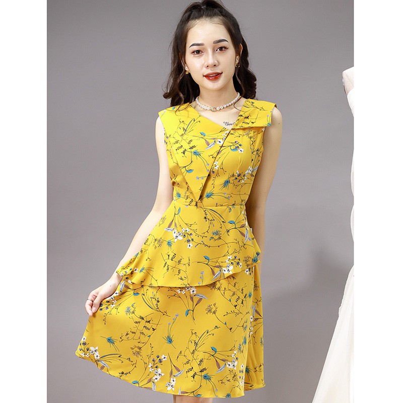 Đầm dáng xòe, bèo tầng, cổ ve lệch Emspo DS4030