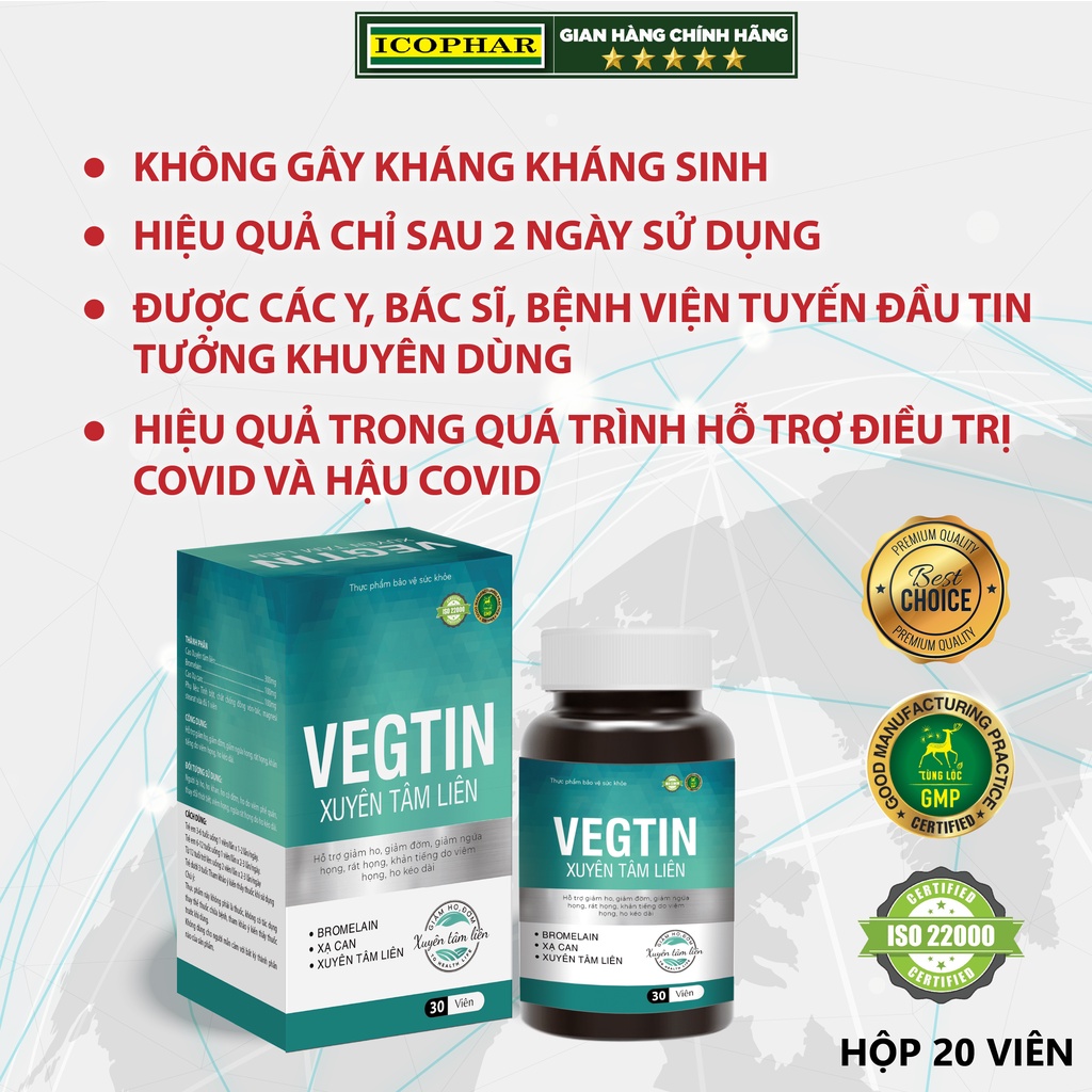 Viên uống giảm ho VEGTIN XUYÊN TÂM LIÊN - Lọ 30 viên - Hỗ trợ giảm ho, tiêu đờm, đau họng, ngứa rát họng