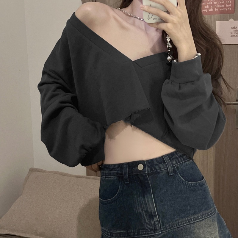 SUXI Áo Cổ Chữ V Tay Dài Dáng Rộng Màu Trơn Đơn Giản Thời Trang Cho Nữ