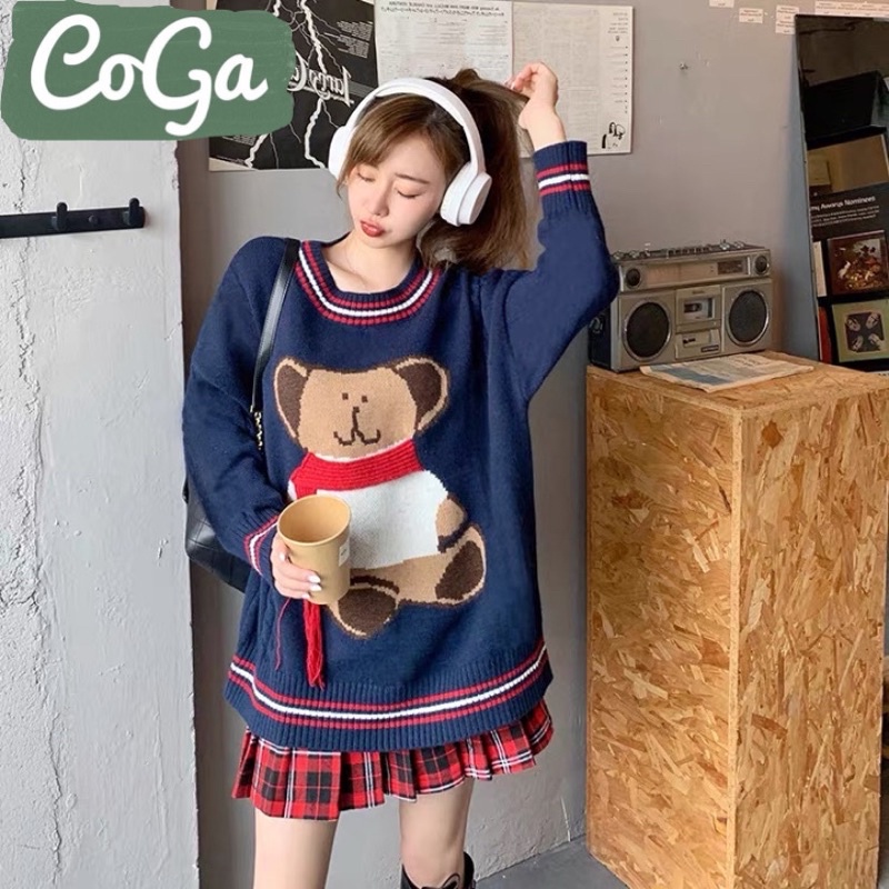 Áo len con gấu quàng khăn tay dài cổ tròn ấm áp