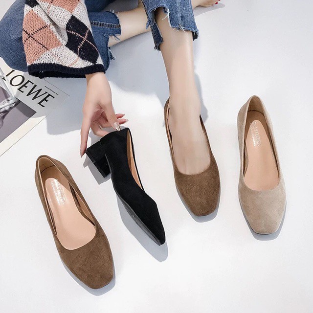 (Order) Giày gót vuông da lộn trơn đơn giản basic dễ phối đồ, mũi vuông gót vuông 5cm