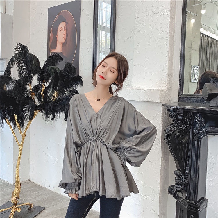 Áo Sơ Mi Nữ Tay Dài Cổ Chữ V Thắt Eo Thời Trang Mới