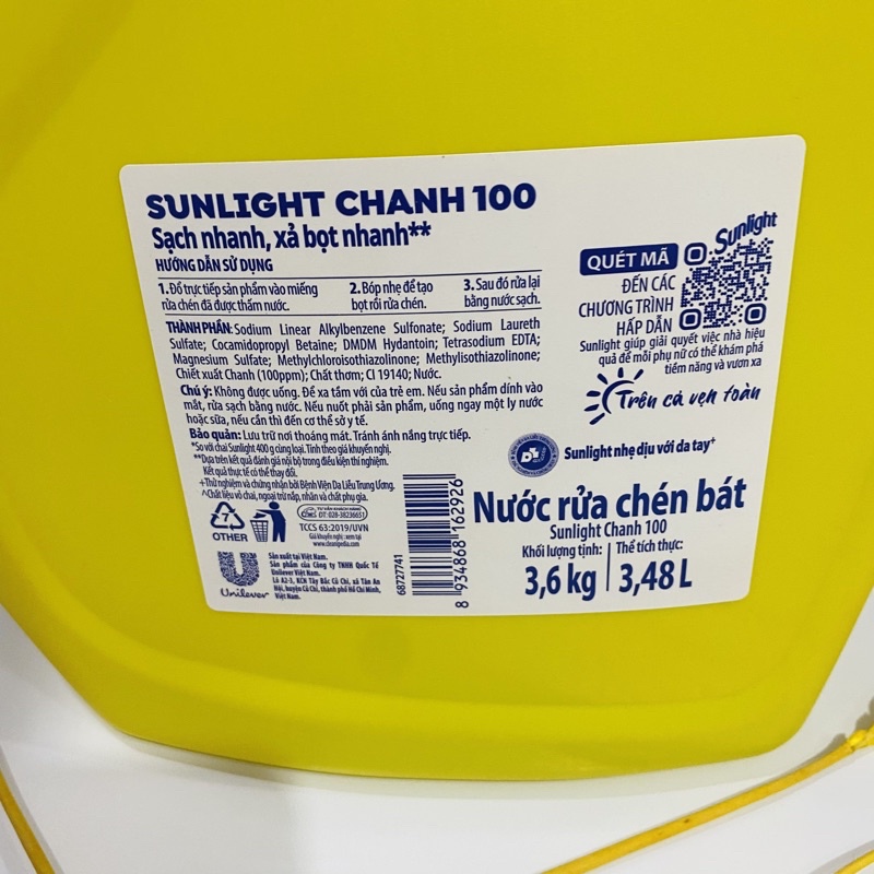 Nước Rửa Chén Sunlight Chanh Can 3.6Kg ( Bao bì mới thân thiện môi trường)