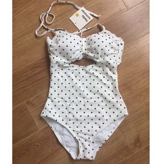 [Sẵn, y hình] Bikini liền, bikini 1 mảnh trắng chấm bi dễ thương