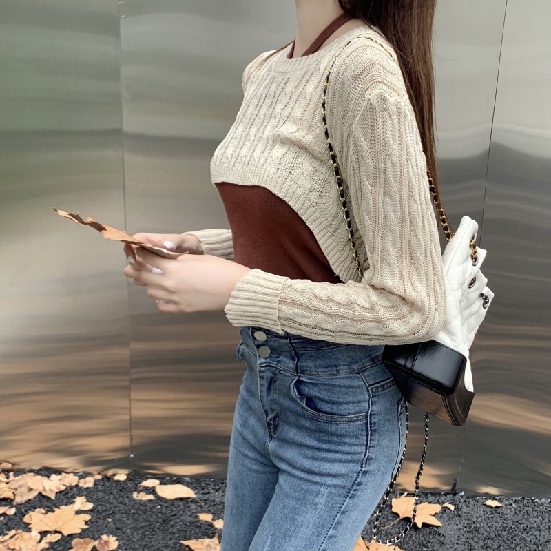 Áo Dệt Kim Tay Dài Dáng Ngắn Dễ Phối Đồ Hợp Thời Trang