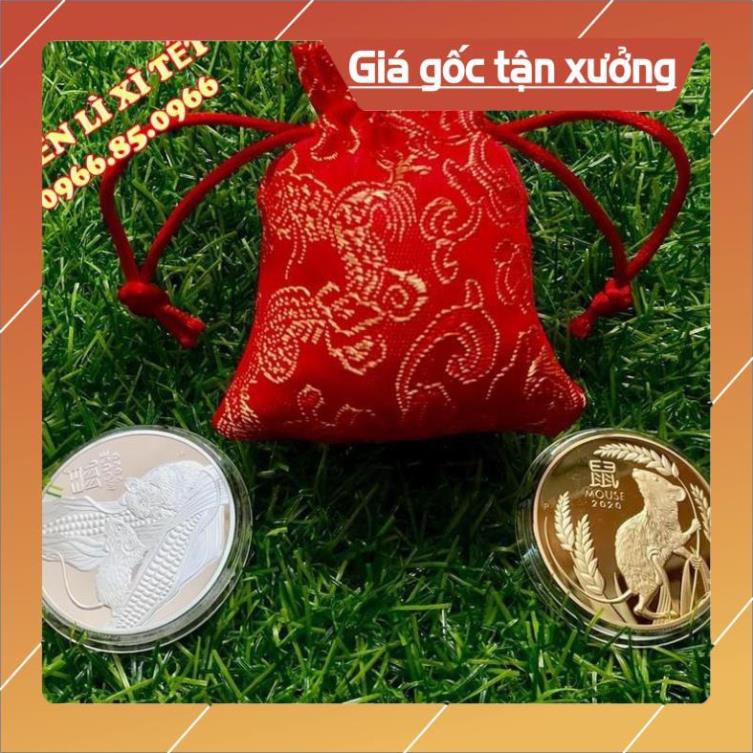 [PHONG THỦY] Cặp Tiền Xu Hình Con Chuột Úc Mạ Kim Loại Vàng Bạc - Tặng kèm túi đỏ hút lộc may mắn