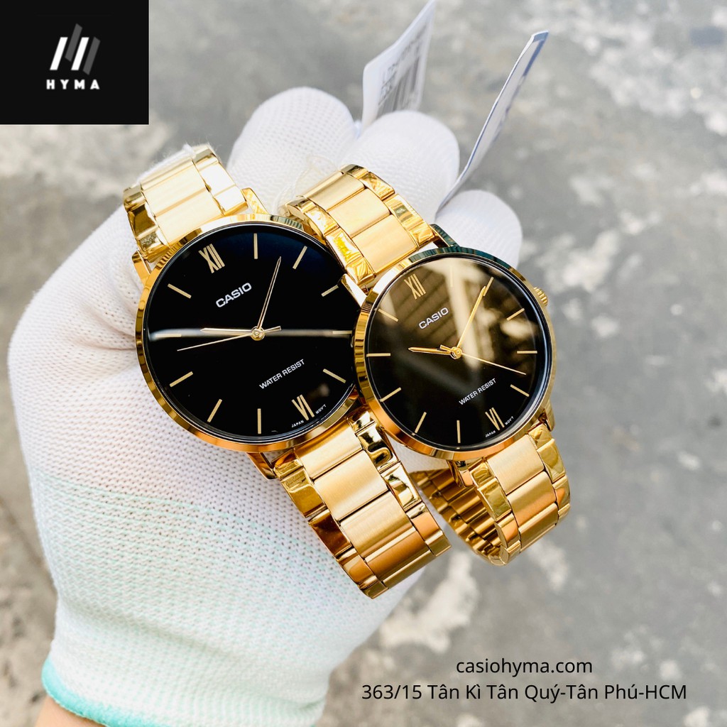 Đồng hồ nam nữ đẹp cao cấp - Đồng hồ đôi Casio VT01G-1AV Mặt đen dây thép không gỉ Bảo hành 1 năm Hyma watch