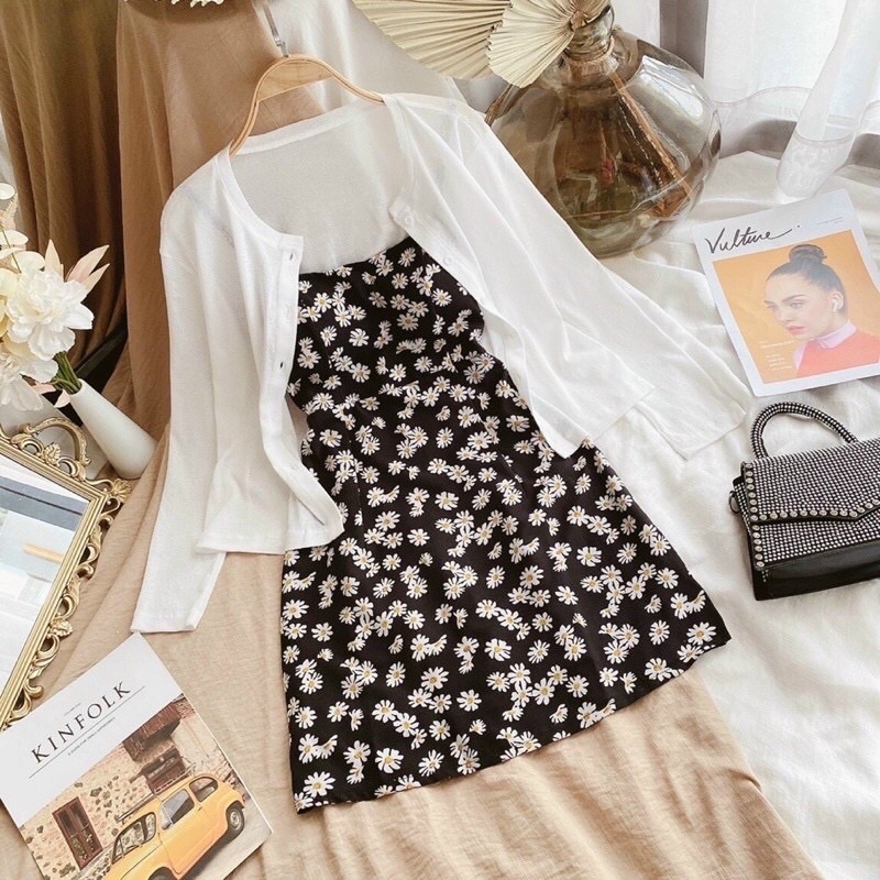 SET ĐẦM 2D HOA CÚC+ KHOÁC CARDIGAN | BigBuy360 - bigbuy360.vn