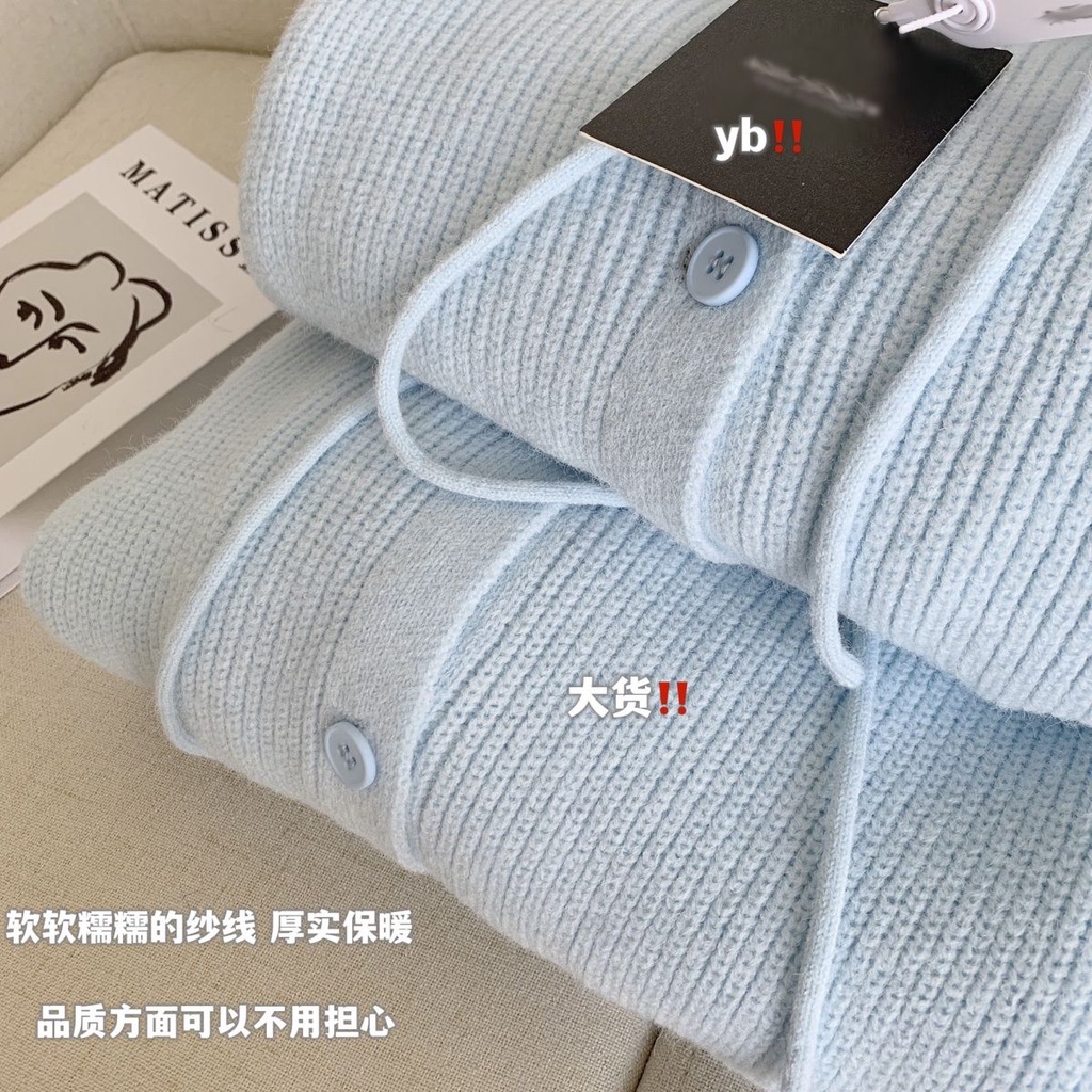 Áo khoác len cardigan có mũ thiết kế thời trang mùa thu màu xanh dương và sữa cho nữ