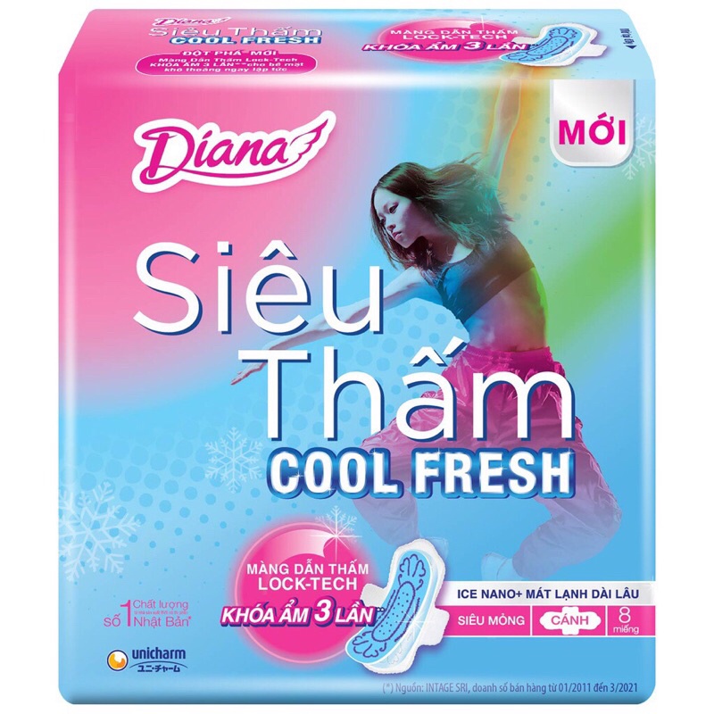 Băng vệ sinh Diana Cool Fresh siêu thấm siêu mỏng có cánh 8 miếng/gói