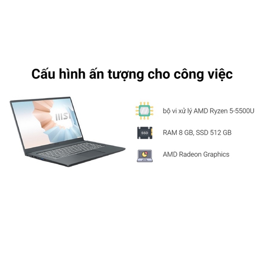 Laptop MSI Modern 15 A5M 234VN R5 5500U/8GB/512GB/15.6"FHD/Win 11_Hàng Chính Hãng