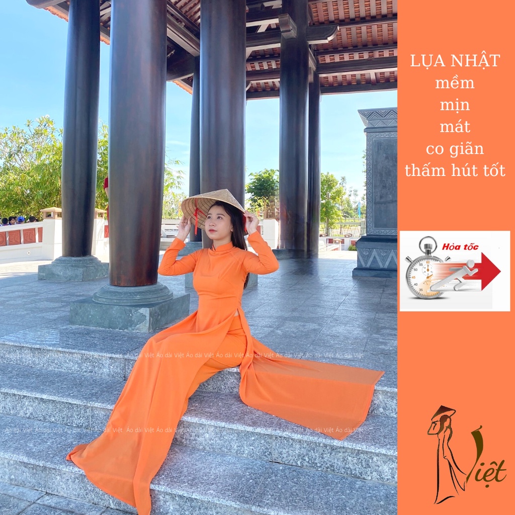 Áo dài màu cam trơn truyền thống may sẵn lụa nhật cao cấp