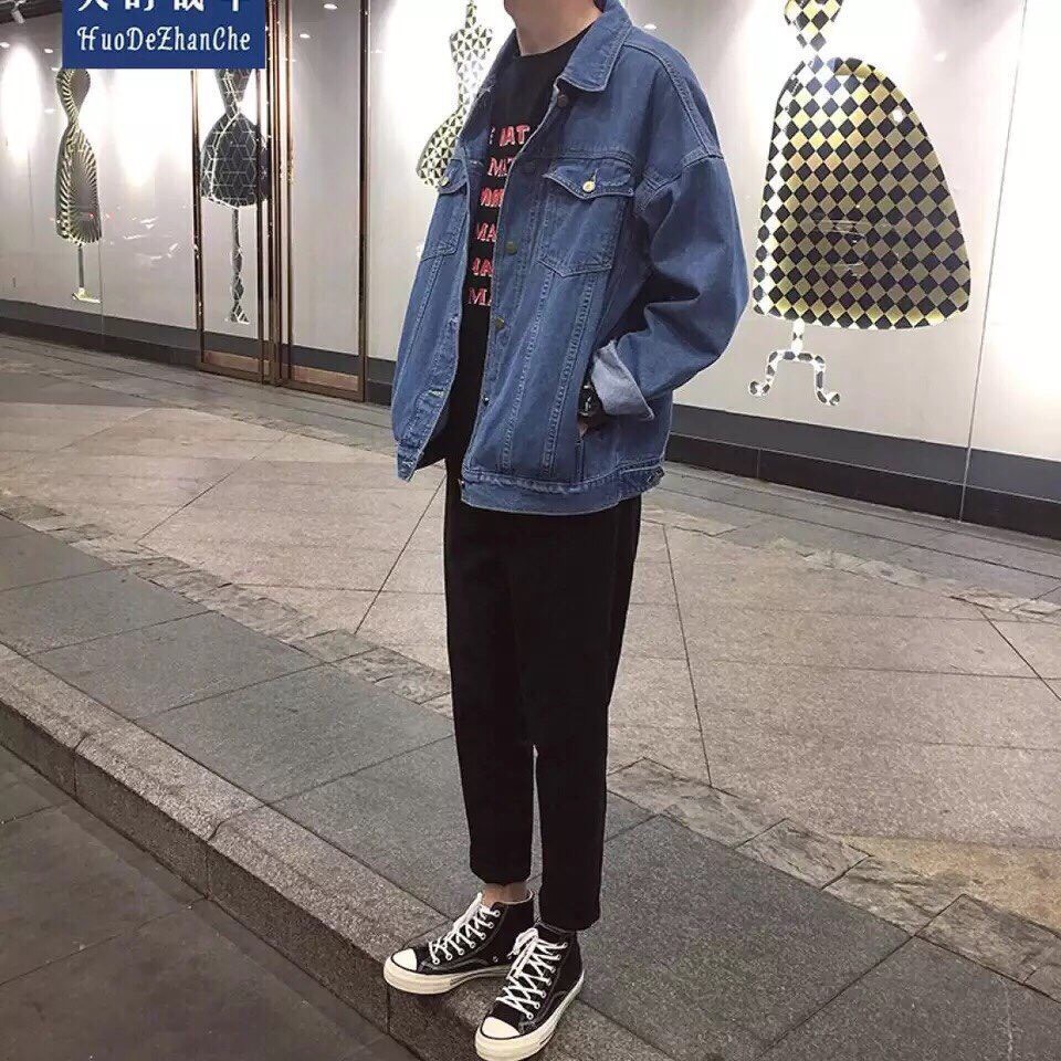 ÁO KHOÁC JEAN NAM XANH TRƠN ( XANH VỪA ) CAO CẤP AOH2