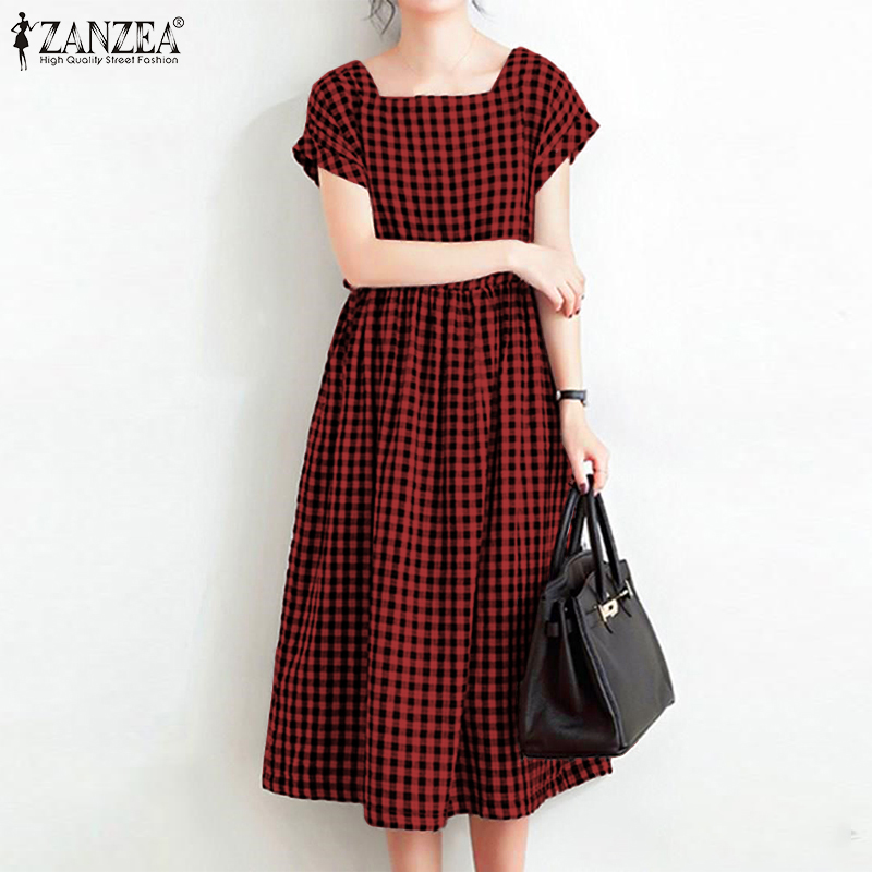 Đầm Lửng ZANZEA Tay Ngắn Họa Tiết Caro Giản Dị Thời Trang Dành Cho Nữ