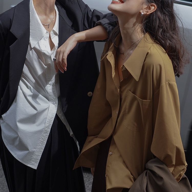 Áo Sơ Mi Dài Tay Màu Sắc Đơn Giản Phong Cách Vintage