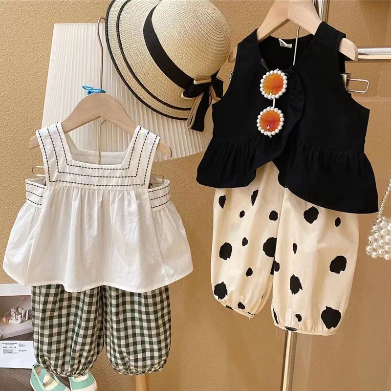 Set Áo Hai Dây + Áo Sơ Mi Cotton Lanh Phong Cách Hàn Quốc Thời Trang Mùa Hè Cho Bé Gái