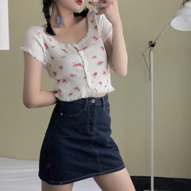 Áo croptop len hoa nhí cúc ngực viền ren tay 3782-2 Ulzzang style  Hàng Quảng Châu