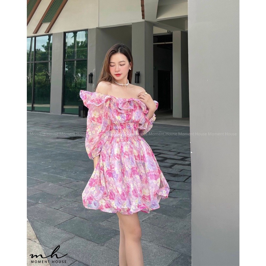 Đầm hoa xòe trễ vai , có tay , KIRA DRESS, may 2 lớp chuẩn xịn hàng thiết kế,form tùng xòe