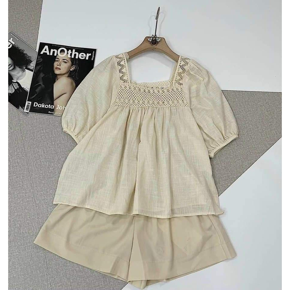 Set Áo Đũi Cổ Vuông Phối Ren Mix Quần Short Siêu Đẹp | BigBuy360 - bigbuy360.vn