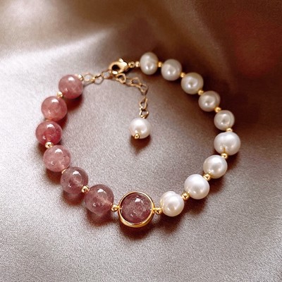 Vòng Tay Ngọc Trai 8ly Mix Thạch Anh Hồng Dâu Sang Trọng - Ngọc Trai Trường Thịnh